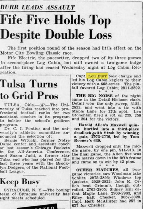 Log Cabin Bowling Lanes - Dec 30 1948 Article On Lou Burr (newer photo)